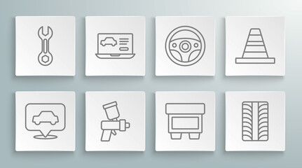 Set line Car service, Diagnostics condition of car, Paint spray gun, Fuse, tire wheel, Steering, Traffic cone and Wrench spanner icon. Vector
