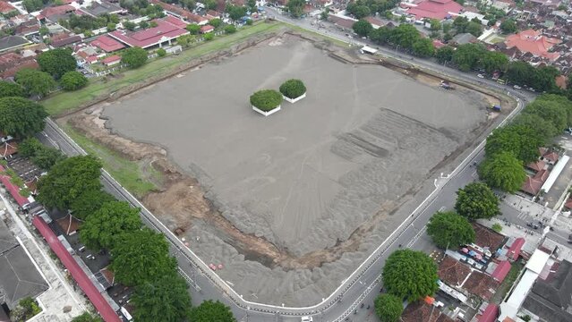 Aerial view of the Yogyakarta Palace (Keraton) field which is being replaced by white sand to maintain assets and support Jogja's form as a world heritage city.
