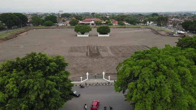 Aerial view of the Yogyakarta Palace (Keraton) field which is being replaced by white sand to maintain assets and support Jogja's form as a world heritage city.