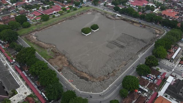 Aerial view of the Yogyakarta Palace (Keraton) field which is being replaced by white sand to maintain assets and support Jogja's form as a world heritage city.