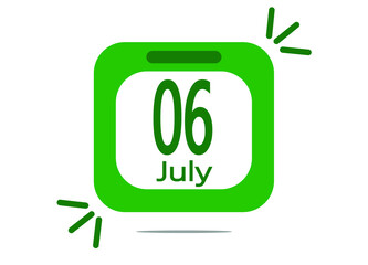 Day 6 July calendar page. Calendar icon on clipboard for month of July.