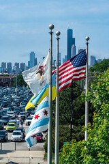 Flags of Chicago, IL, and the United States flown in Solidarity with the Ukrainian Flag