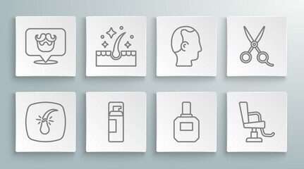 Set line Broken hair follicle, Oil for care treatment, Shaving gel foam, Aftershave, Barbershop chair, Baldness, Scissors hairdresser and icon. Vector