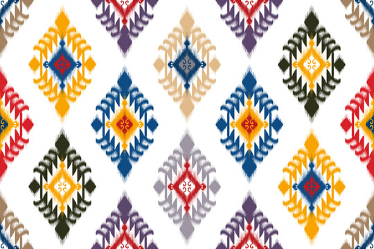 Ikat ethnic seamless pattern design. Aztec fabric carpet mandala ornaments textile decorations wallpaper. Tribal boho native ethnic turkey traditional embroidery vector background 