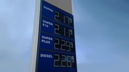 exploding fuel costs on a price board of a gas station