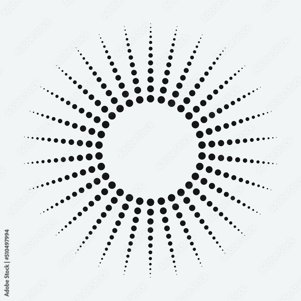 Poster Radial halftone dots in Circle Form. Dotted fireworks explosion background. Starburst round Logo. Circular Design element. Abstract Geometric star rays.