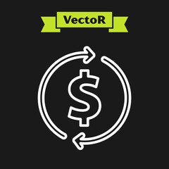 White line Financial growth and dollar coin icon isolated on black background. Increasing revenue. Vector