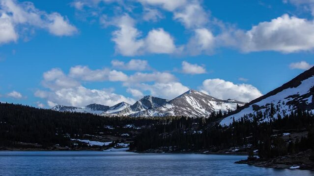 Time Lapse - Panoramic view of moutain range and tranquil lake with beautiful clouds