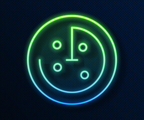 Glowing neon line Radar with targets on monitor in searching icon isolated on blue background. Search system. Navy sonar. Vector