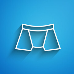 White line Men underpants icon isolated on blue background. Man underwear. Long shadow. Vector