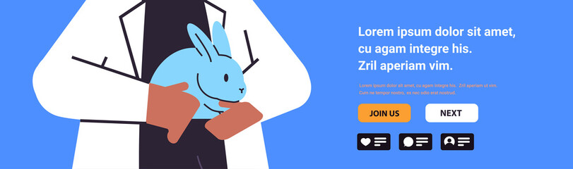 scientist doing experiments in lab with animal veterinary worker with experimental rabbit biological genetic engineering research