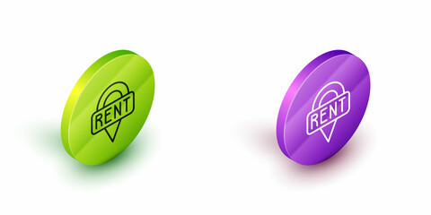 Isometric line Location key icon isolated on white background. The concept of the house turnkey. Green and purple circle buttons. Vector