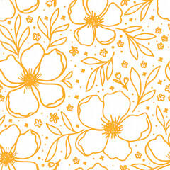 Repeating seamless floral pattern with yellow blooms and leaves 