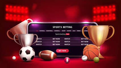 Online casino, red banner with smartphone, champion cups and sport balls in red scene