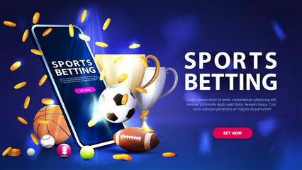 Sports betting, blue banner for website with button, smartphone, champion cups, falling gold coins and sport balls