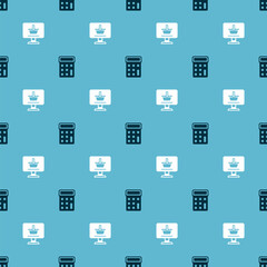 Set Calculator and Shopping cart on computer on seamless pattern. Vector