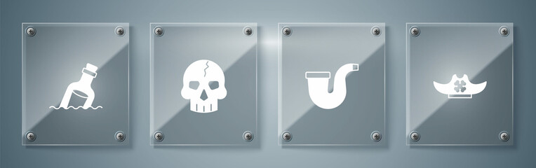 Set Pirate hat, Smoking pipe, Skull and Bottle with message water. Square glass panels. Vector