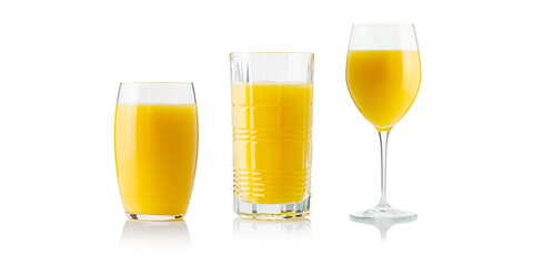 Collection of orange juice in different glasses . eparate clipping paths for each glass. Set of glasses with tropical orange juice
