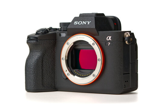 Tallinn, Estonia, May 2022, Sony A7 mIV Fullframe mirrorless camera body, Sony alpha 7m4. Black dslr camera body
