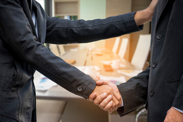 Fototapeta premium Trust Promise Concept. Honest Lawyer Partner with Professional Team make Law Business Agreement after Complete Deal. Ethics Business people handshake, touch and Respect customer to trust partnership.