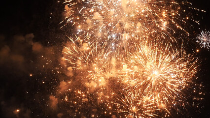 Golden Firework celebrate anniversary happy new year 2023, 4th of july holiday festival. Gold...