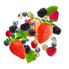 Fototapeta na wymiar Summer Berries on white background. Strawberry, blueberry, raspberry, blackberry. summer background ripe juicy berries