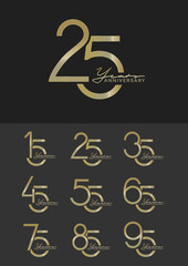 set of anniversary with calligraphy gold color on black background for special moment