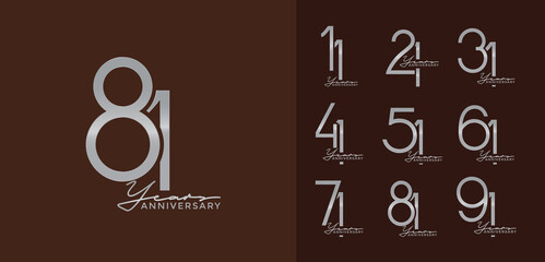 set of anniversary with calligraphy silver color on brown background for special moment