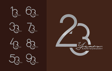 set of anniversary with calligraphy silver color on brown background for special moment