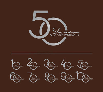 set of anniversary with calligraphy silver color on brown background for special moment