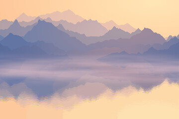 Fototapeta na wymiar Dawn on the lake, mountain peaks, picturesque reflection