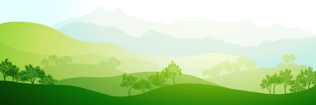 Panoramic view of green hills and mountains on sunny morning, vector illustration