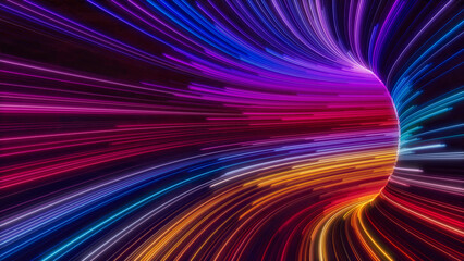 Abstract Neon Lines Tunnel with Orange, Pink and Turquoise Swirls. 3D Render.