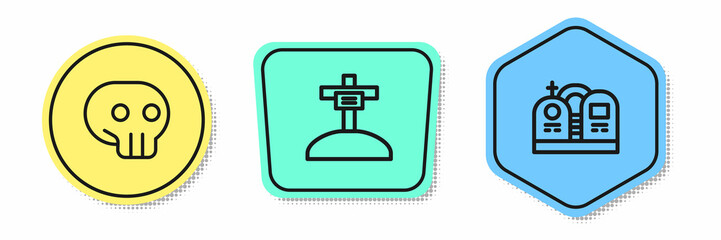 Set line Skull, Grave with cross and tombstone. Colored shapes. Vector