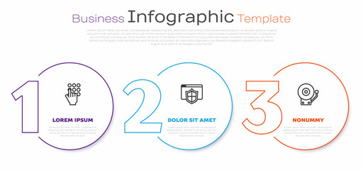 Set line Password protection, Browser with shield and Ringing alarm bell. Business infographic template. Vector