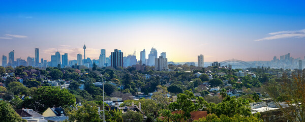 Panorama view of Sydney CBD and Sydney Harbour. Distant view of High-rise office towers and...