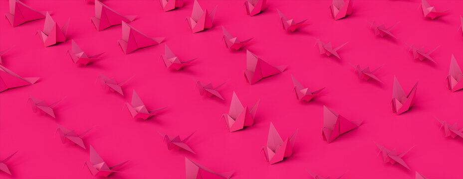 Pink Origami Birds. Modern Design Banner with Pink Background.