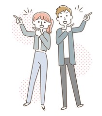 スーツの男女 指差しポーズ