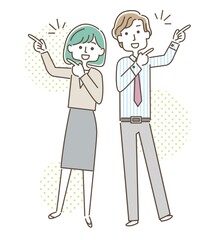 スーツの男女 指差しポーズ