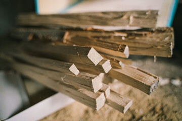 Close-up thin chopped firewood for starting a fire