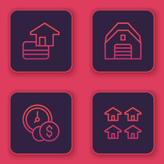 Set line Credit card, Time is money, Garage and Real estate. Blue square button. Vector