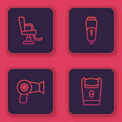 Set line Barbershop chair, Hair dryer, Electric razor blade and . Blue square button. Vector