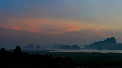 Panorama view of Samet Nangshe, Phang Nga, Thailand in the beautiful sky and clouds. The spectacular and natural beauty of mountains and islands in the Andaman Sea. Picture from above.