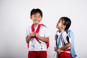 Two Asian student kid girl boy schoolchildren brother sister smile happy wear student thai uniform...