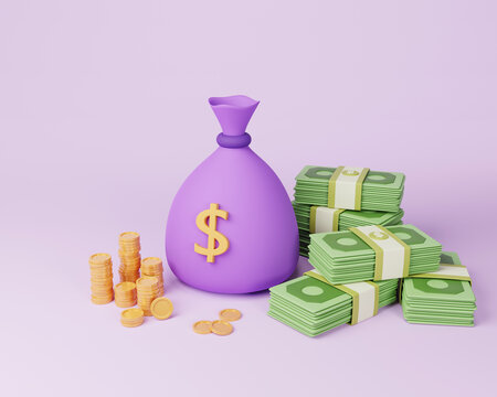 3d money concept. money bag, coins,stack and bundle of money
