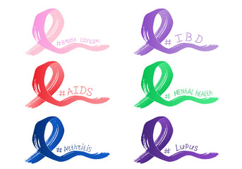 Colorful ribbons with text # Aids, Brest cancer, IBD, Arthritis, Lupus and Mental health. Awarenes concept for support people with serious diseases and solidarity. Hand drawn vector illustration. Set. - obrazy, fototapety, plakaty
