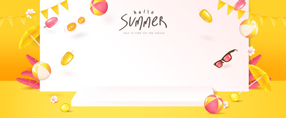 Summer banner template for promotion with product display andelements for beach party