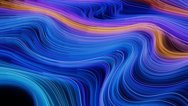 Abstract Lines Background with Blue, Turquoise and Orange Curves. 3D Render.