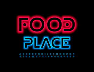 Fototapeta na wymiar Vector colorful Sign Food Place. Bright Neon Font. Glowing Alphabet Letters and Numbers set