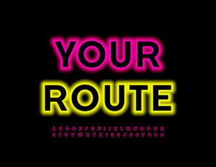 Vector bright Emblem Your Route. Red Neon Font. Glowing Alphabet Letters, Numbers and Symbols set